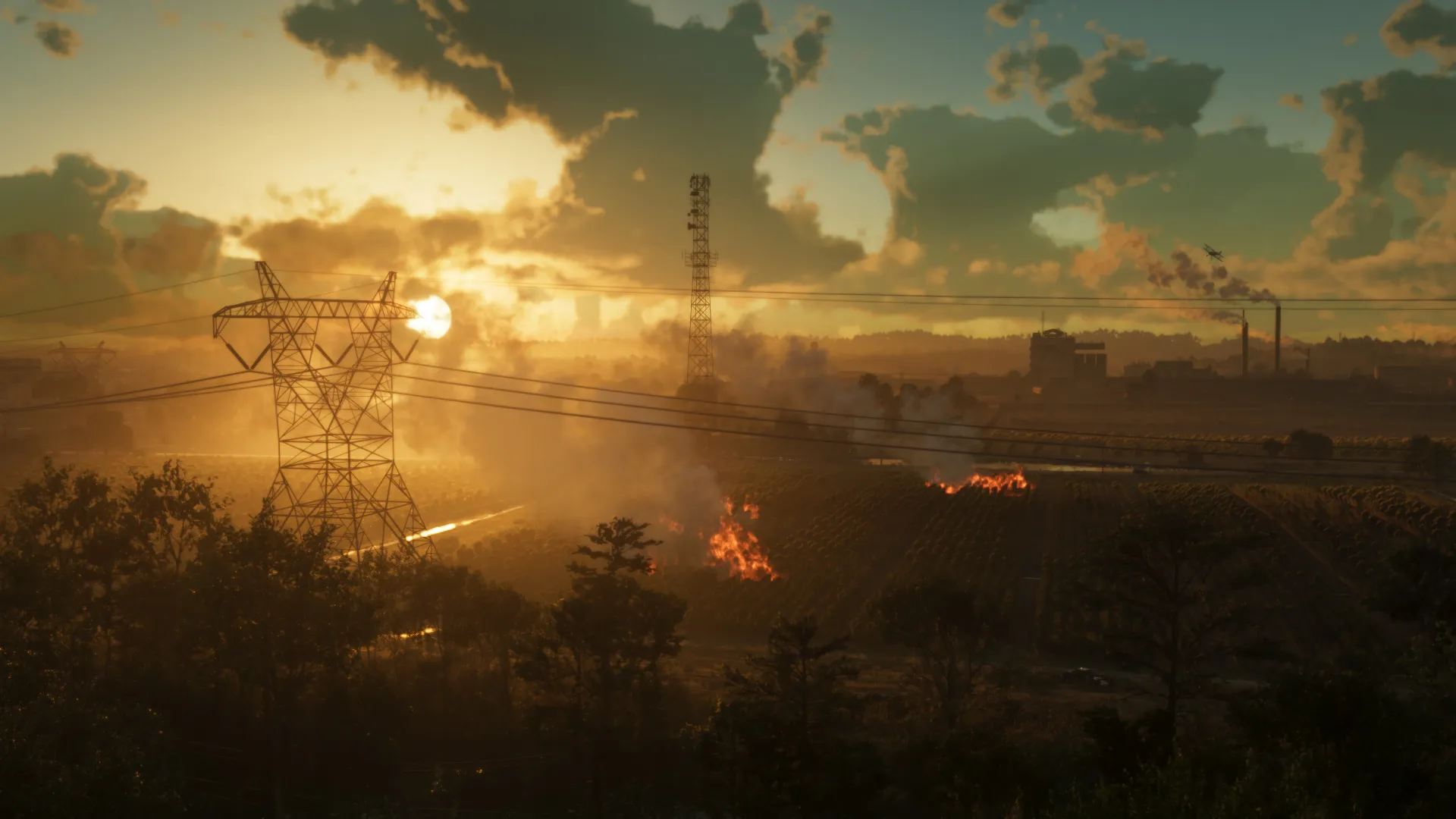 Pôr do sol sobre os campos e a rede elétrica de Ambrosia