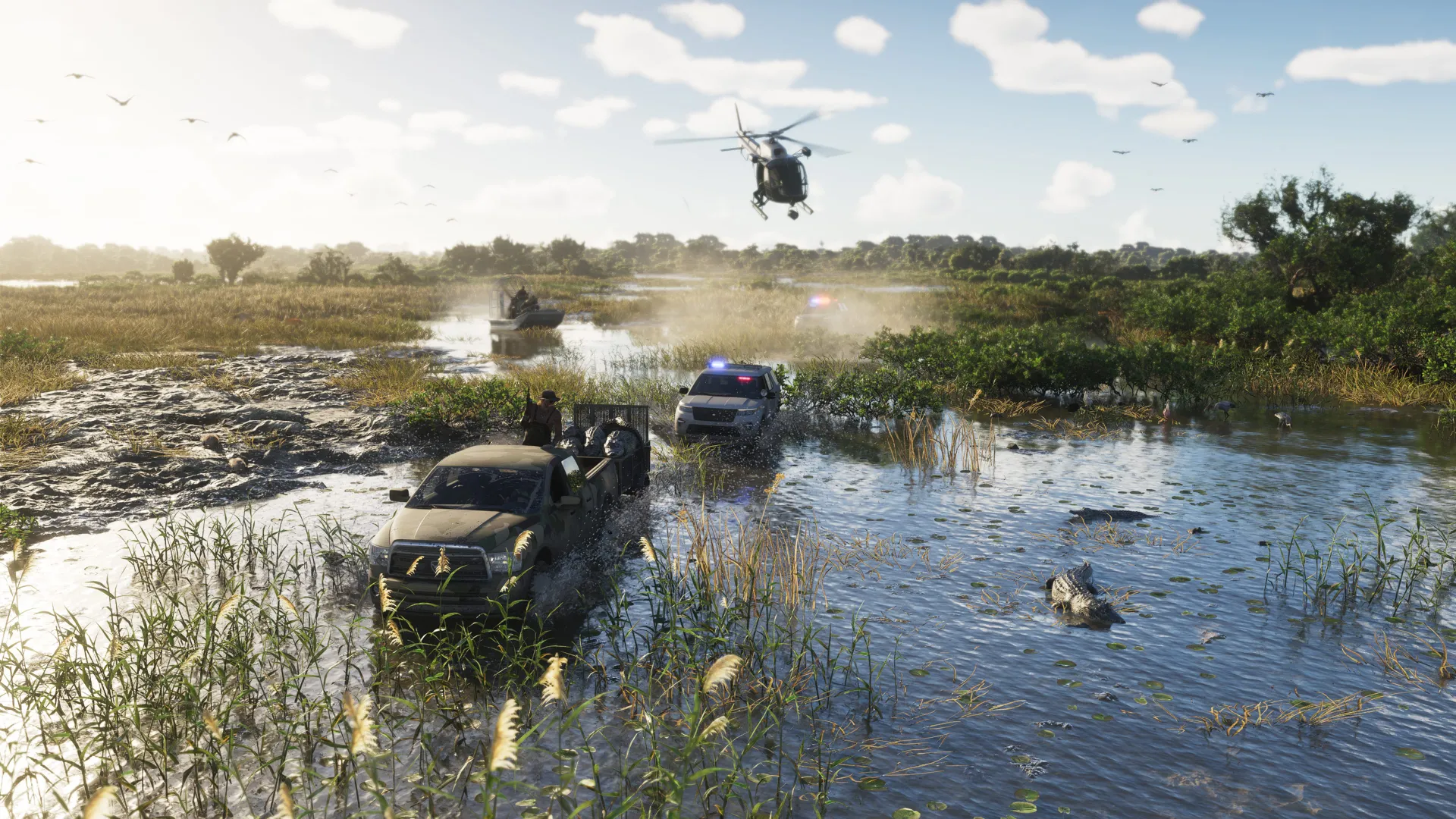 Veículos e helicóptero no pântano de Grassrivers