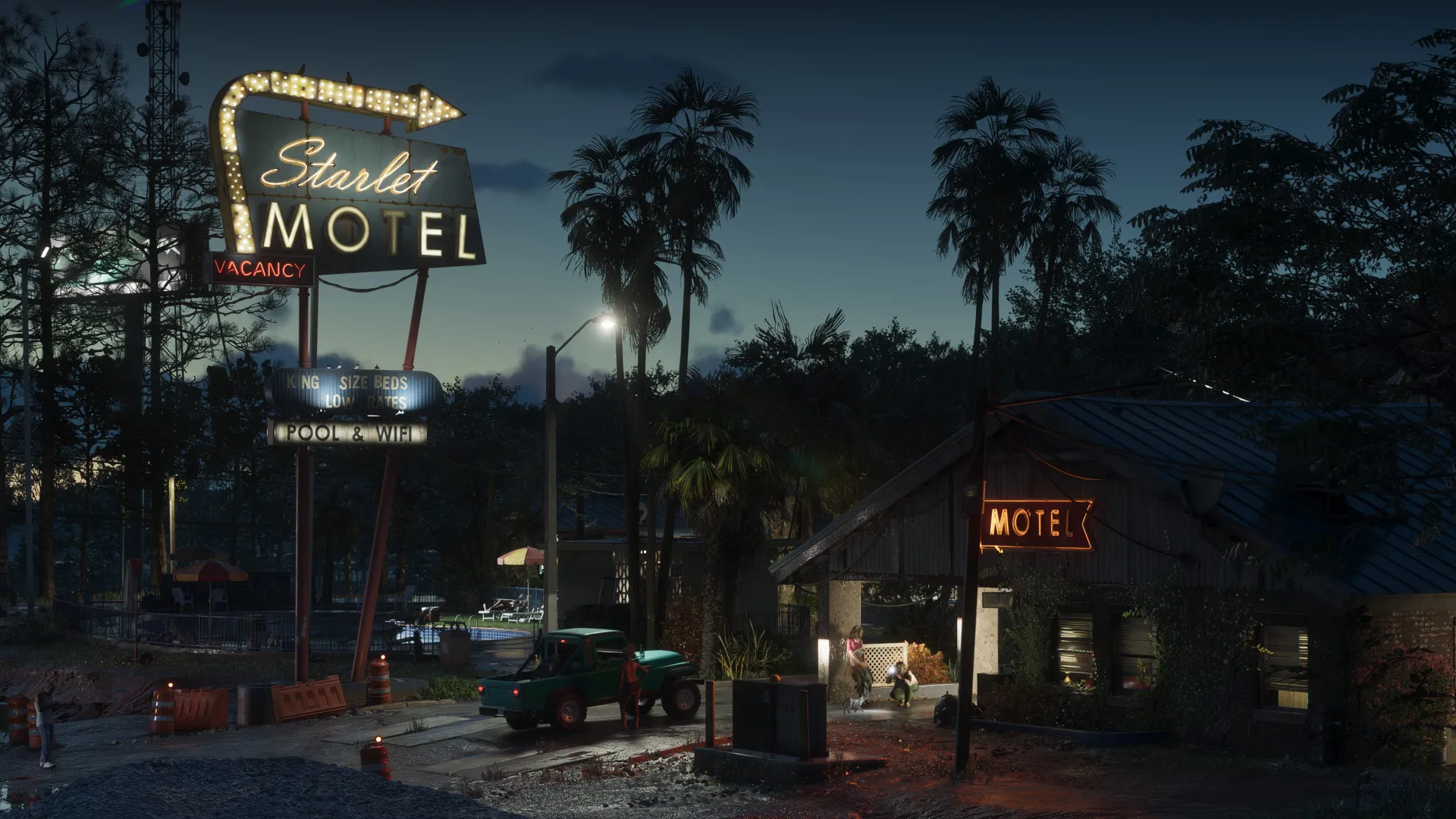 Motel de beira de estrada à noite em Port Gellhorn