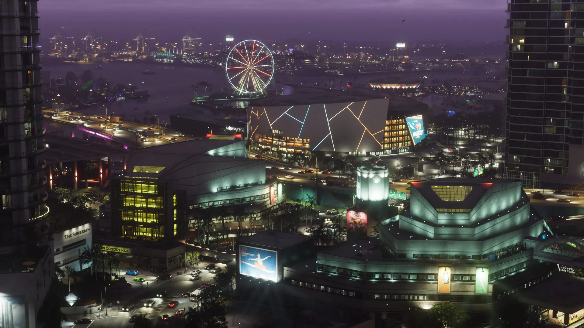 Vista aérea noturna de Vice City, com a roda-gigante